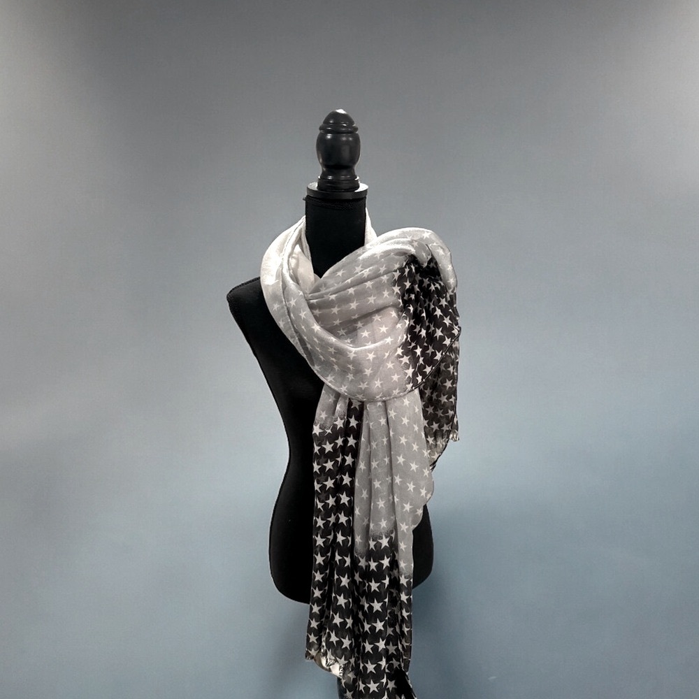Beautiful blue, white and soft gray sheer oversized‎ scarf. Star print. NWOT